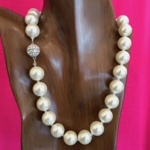 White 16 mm Shell Pearls with Silver Rhinestone Clasp